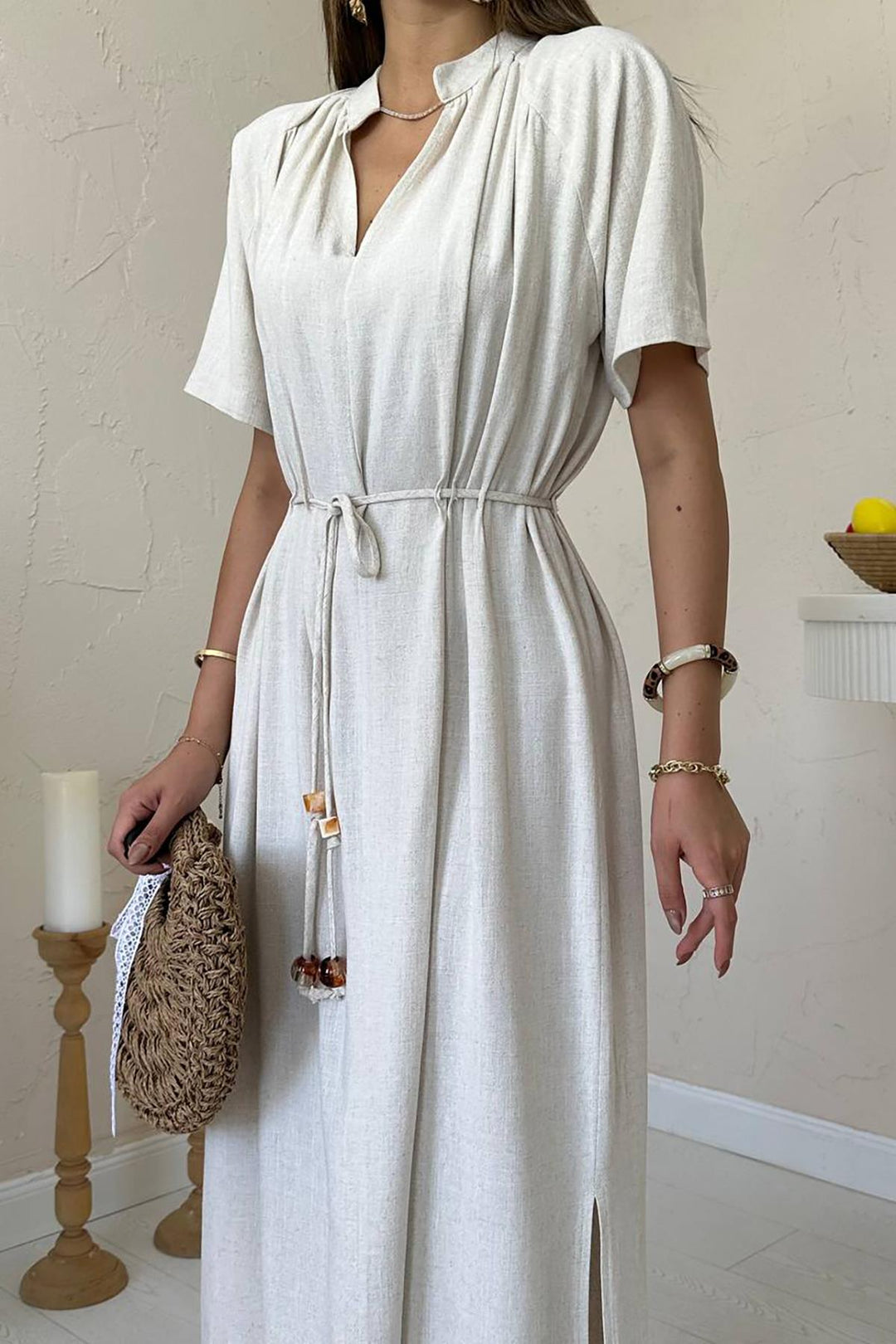 ELS Toptan Bej Salaş Keten Elbise - Kempten