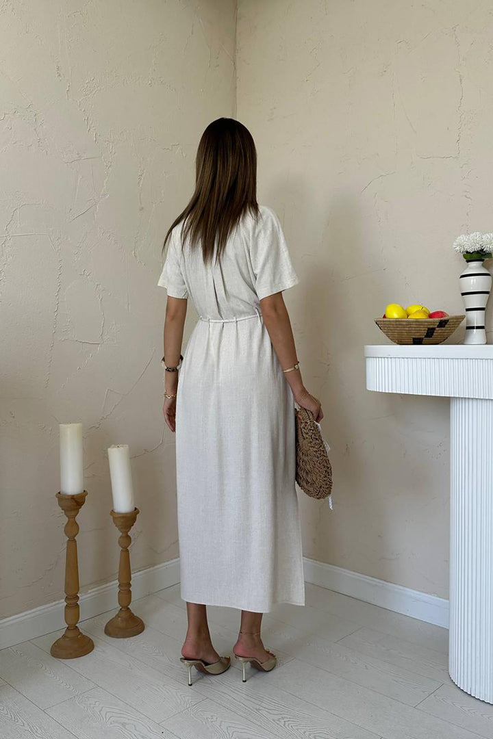 ELS Toptan Bej Salaş Keten Elbise - Kempten