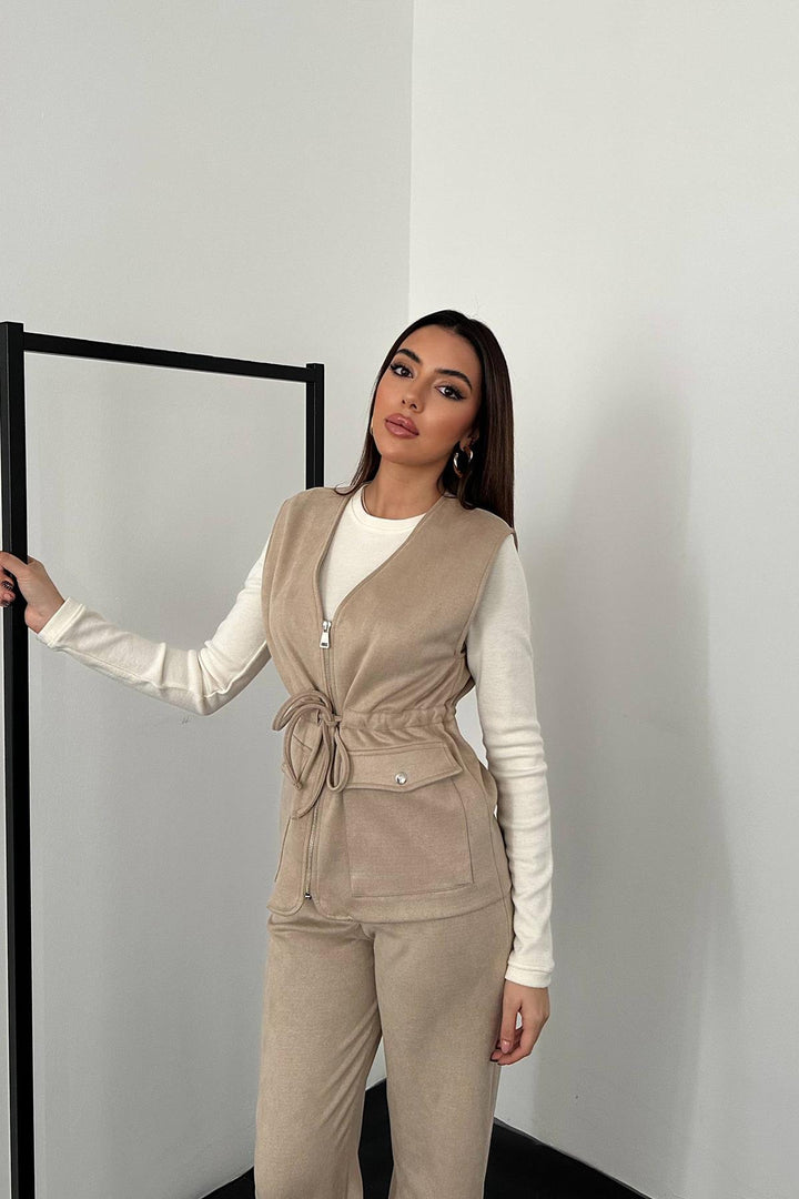 ELS Toptan Bej Süet Yelek Pantolon Takım - Ávila