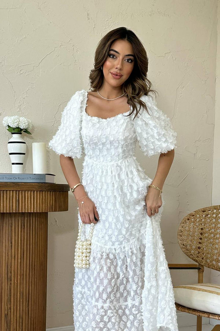 ELS Toptan Beyaz Balon Kollu Fırfırlı Elbise - Sciacca