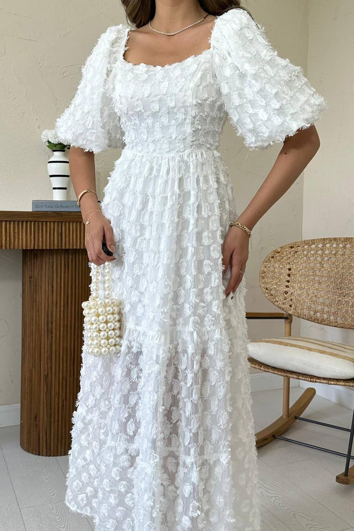 ELS Toptan Beyaz Balon Kollu Fırfırlı Elbise - Sciacca