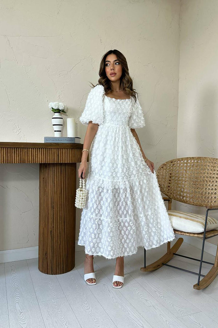 ELS Toptan Beyaz Balon Kollu Fırfırlı Elbise - Sciacca