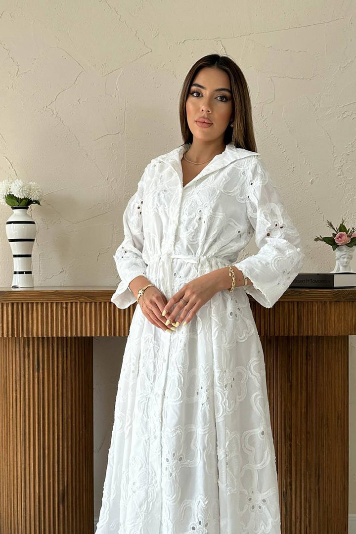 ELS Toptan Beyaz Bel Çevresi Bağcıklı Brode Elbise - Amersfoort