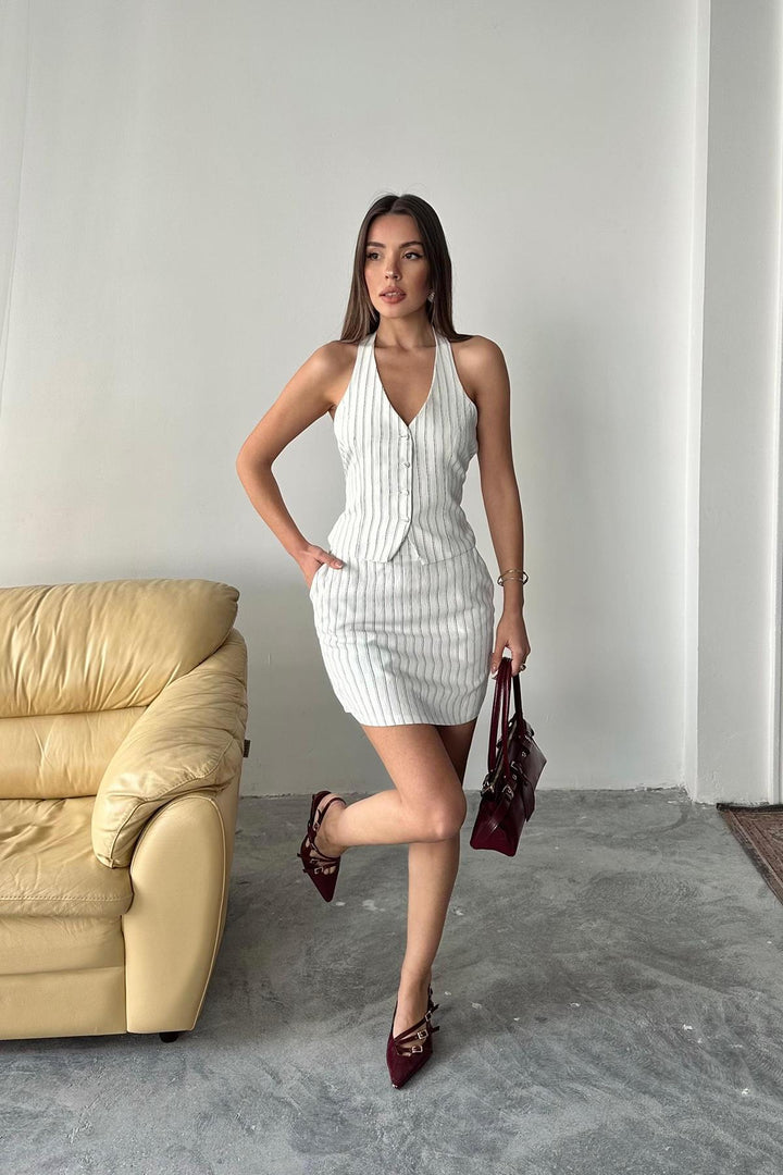 ELS Wholesale White Striped Vest and Skirt Set - Brockton