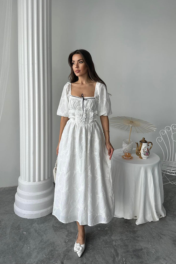 ELS Toptan Beyaz Dantel Detaylı Brode Elbise - Potomac