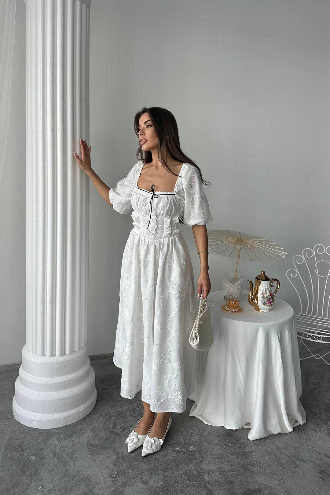 ELS Toptan Beyaz Dantel Detaylı Brode Elbise - Potomac
