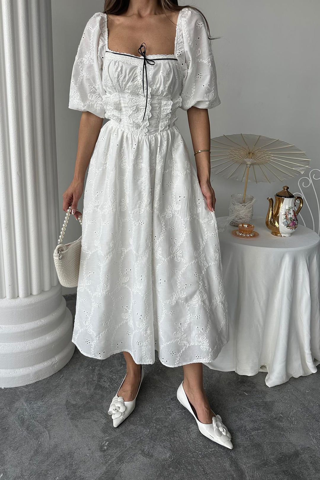ELS Toptan Beyaz Dantel Detaylı Brode Elbise - Potomac
