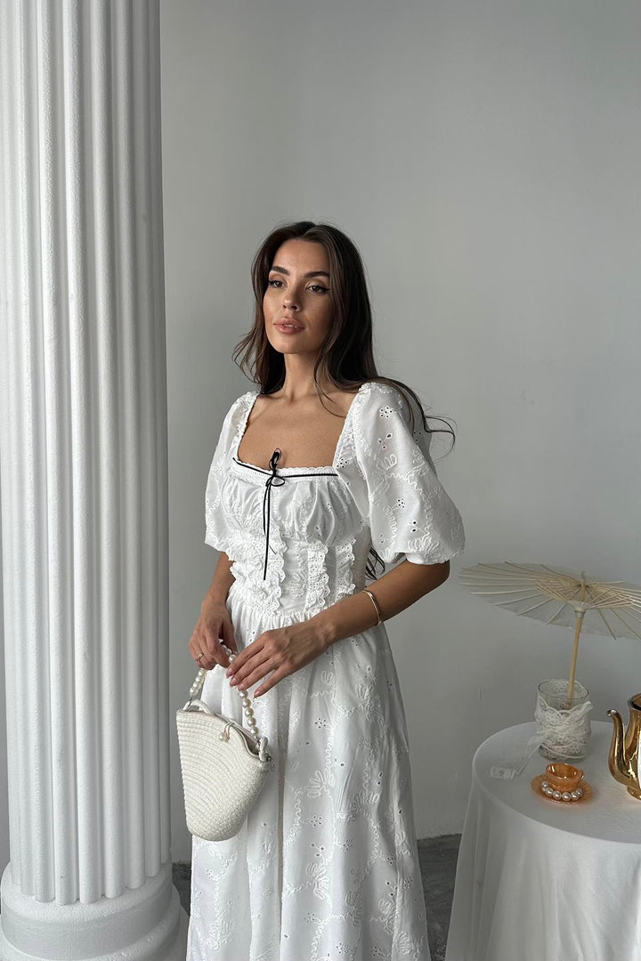 ELS Toptan Beyaz Dantel Detaylı Brode Elbise - Potomac