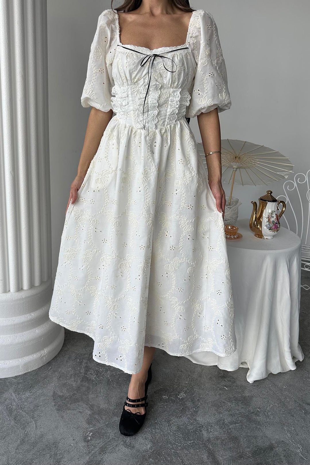 ELS Toptan Beyaz Dantel Detaylı Brode Elbise - Potomac