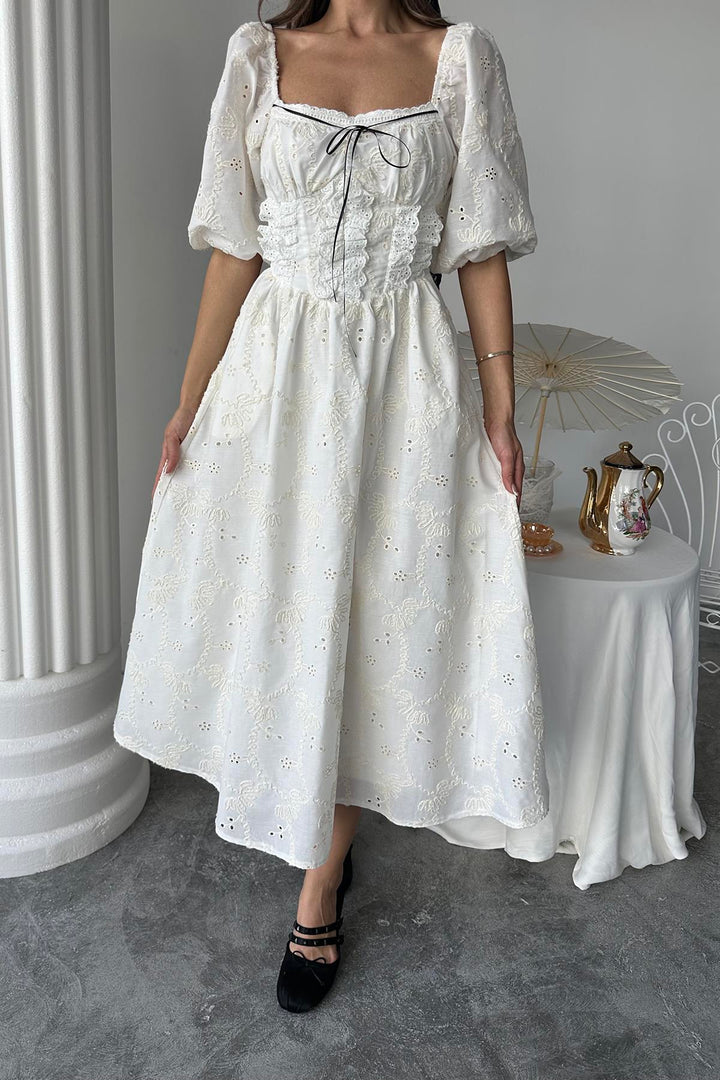 ELS Toptan Beyaz Dantel Detaylı Brode Elbise - Potomac