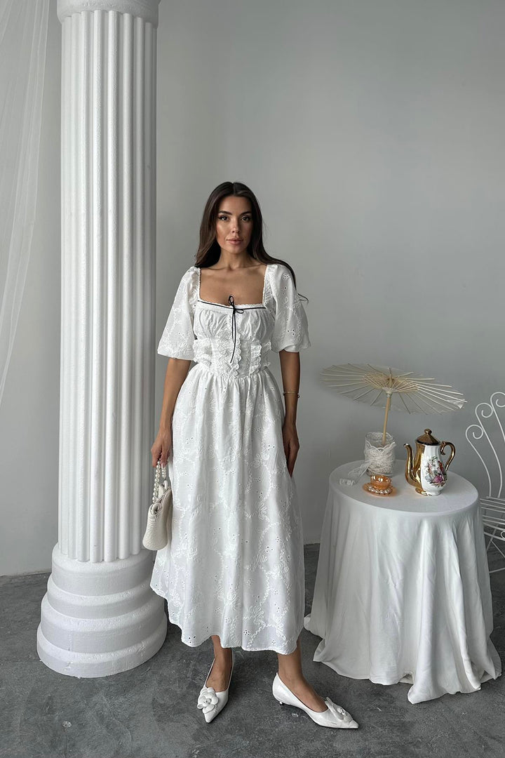 ELS Toptan Beyaz Dantel Detaylı Brode Elbise - Potomac