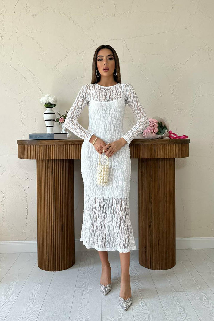 ELS Toptan Beyaz Dantelli Uzun Kollu Elbise - Dnipro