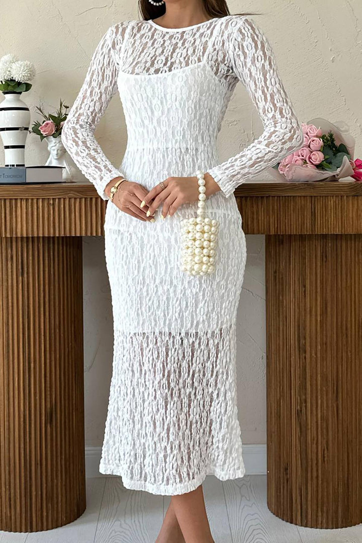 ELS Toptan Beyaz Dantelli Uzun Kollu Elbise - Dnipro