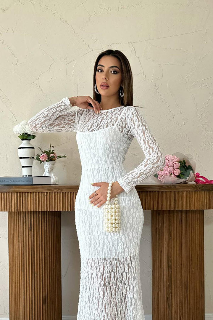 ELS Toptan Beyaz Dantelli Uzun Kollu Elbise - Dnipro