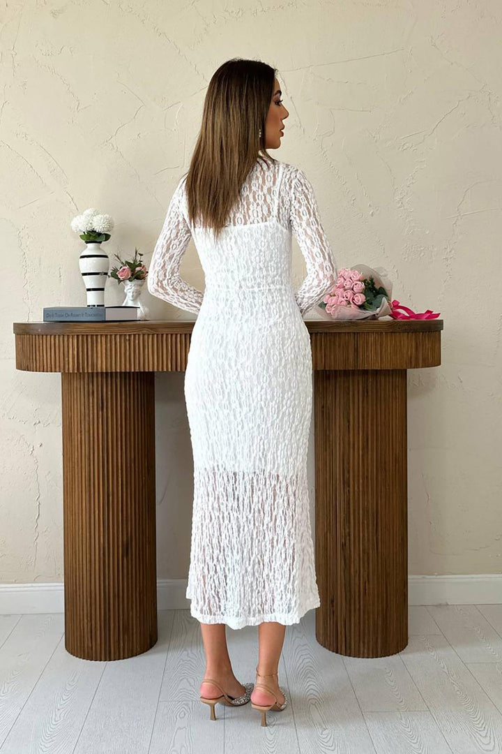ELS Toptan Beyaz Dantelli Uzun Kollu Elbise - Dnipro