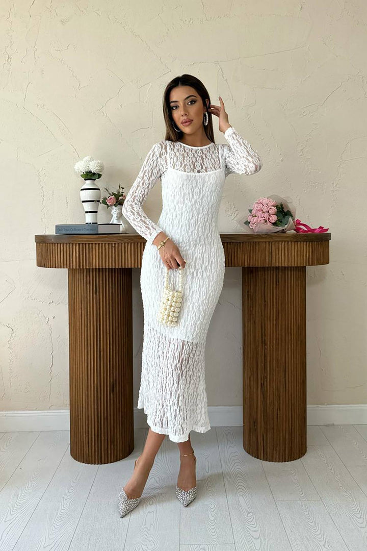 ELS Toptan Beyaz Dantelli Uzun Kollu Elbise - Dnipro