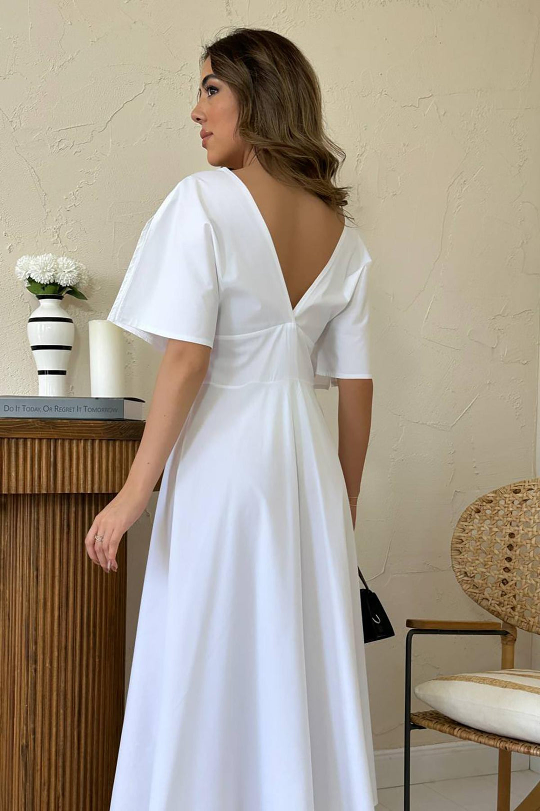 ELS Toptan Beyaz Düğmeli Midi Boy Poplin Elbise - Southall