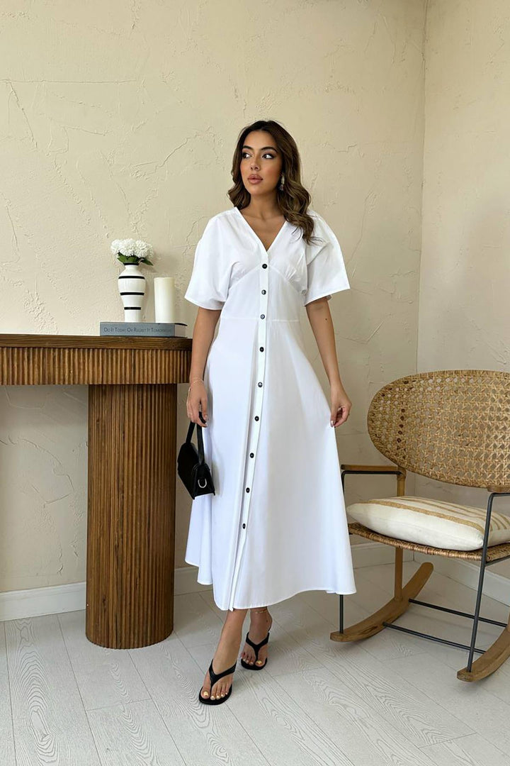 ELS Toptan Beyaz Düğmeli Midi Boy Poplin Elbise - Southall