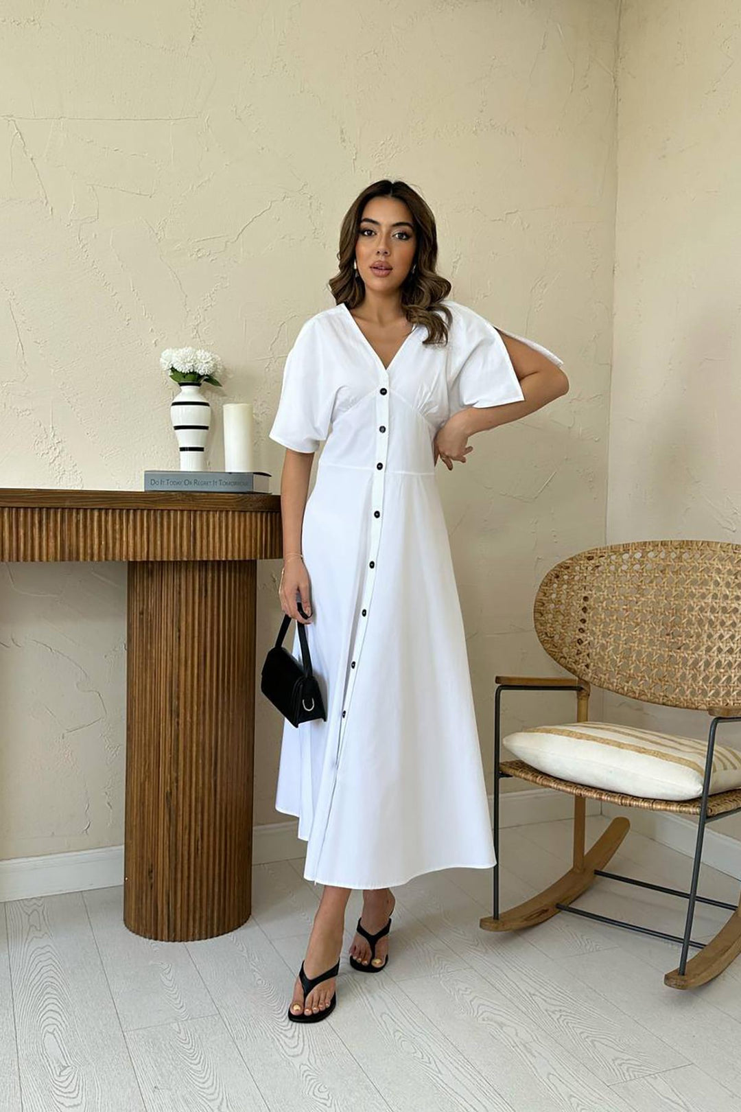 ELS Toptan Beyaz Düğmeli Midi Boy Poplin Elbise - Southall