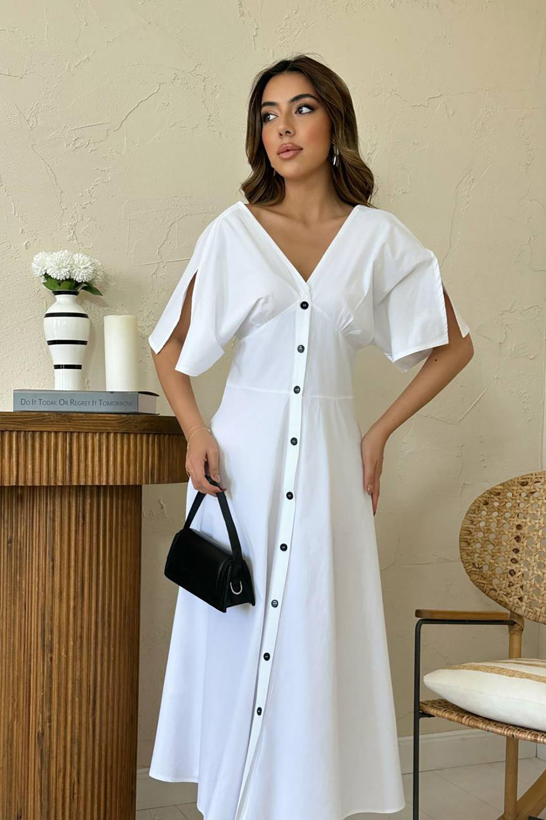 ELS Toptan Beyaz Düğmeli Midi Boy Poplin Elbise - Southall