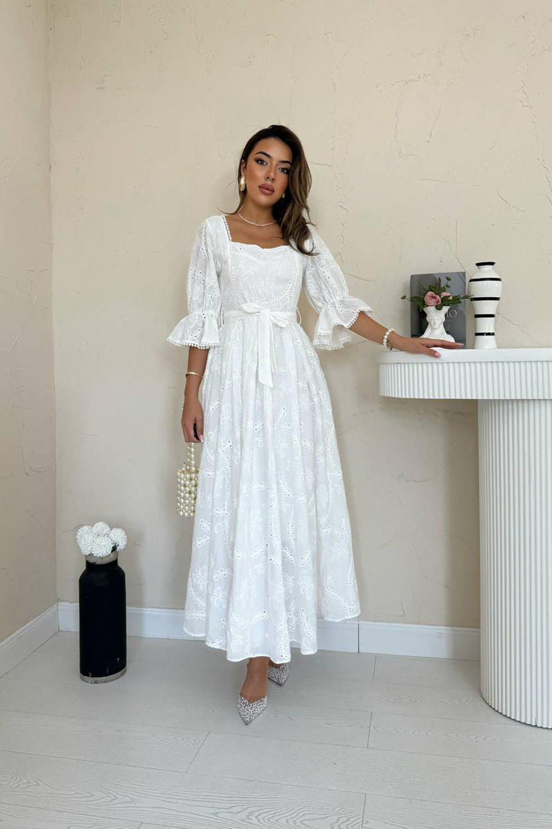 ELS Wholesale White Collar Elasticated Embroidered Dress - Roanoke