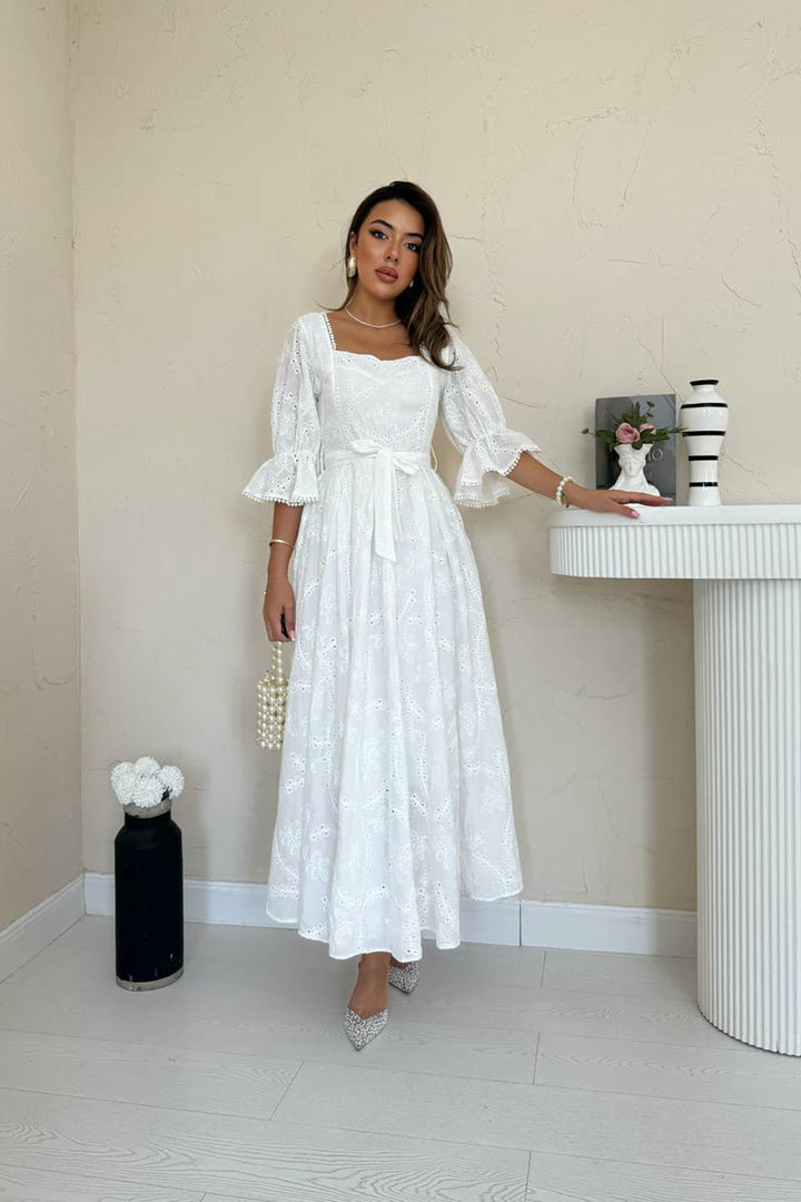 ELS Wholesale White Collar Elasticated Embroidered Dress - Roanoke