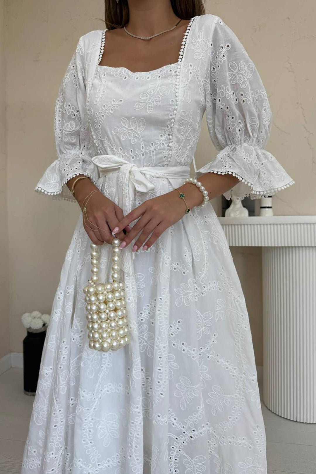 ELS Wholesale White Collar Elasticated Embroidered Dress - Roanoke