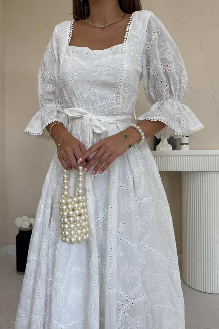 ELS Wholesale White Collar Elasticated Embroidered Dress - Roanoke