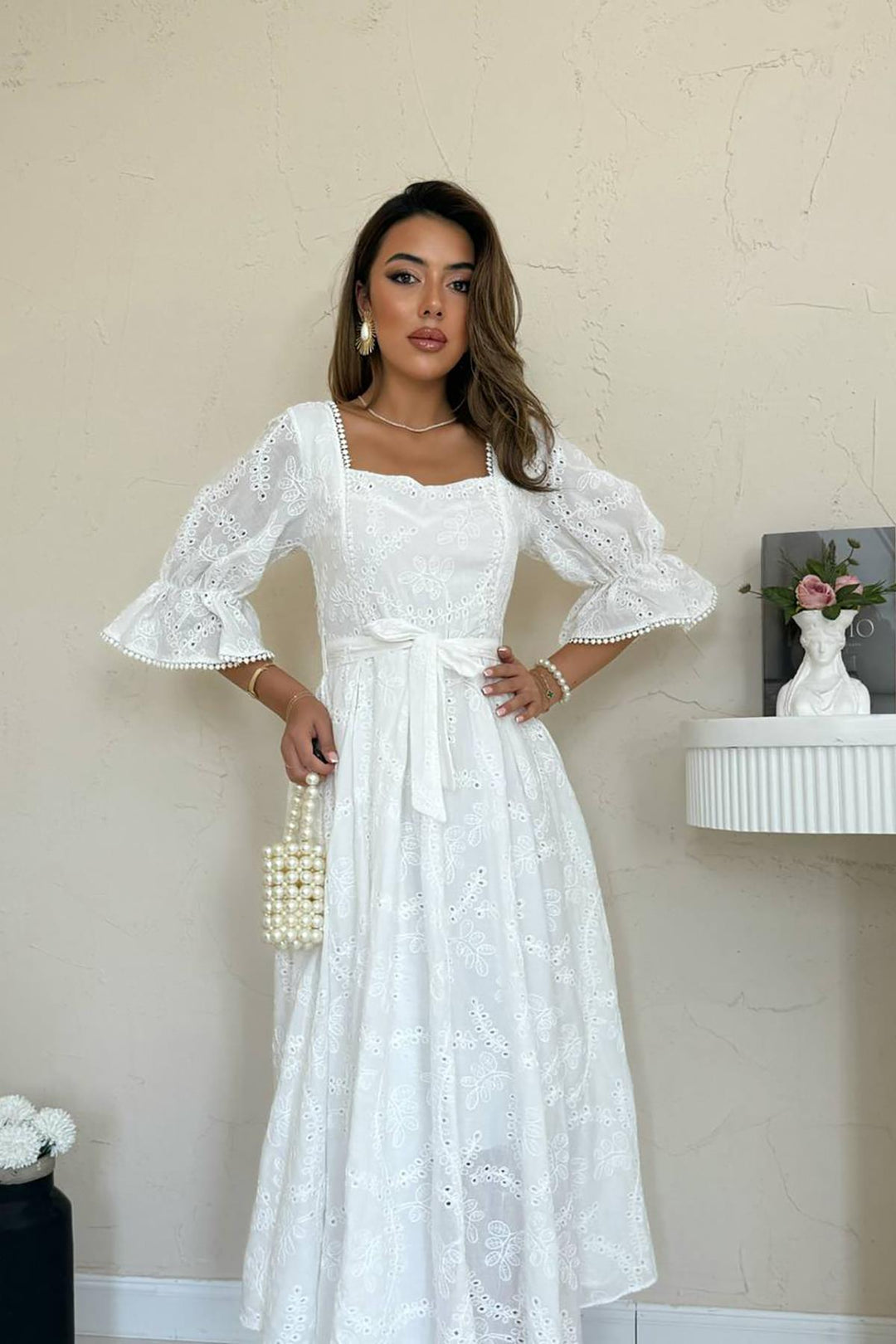 ELS Wholesale White Collar Elasticated Embroidered Dress - Roanoke