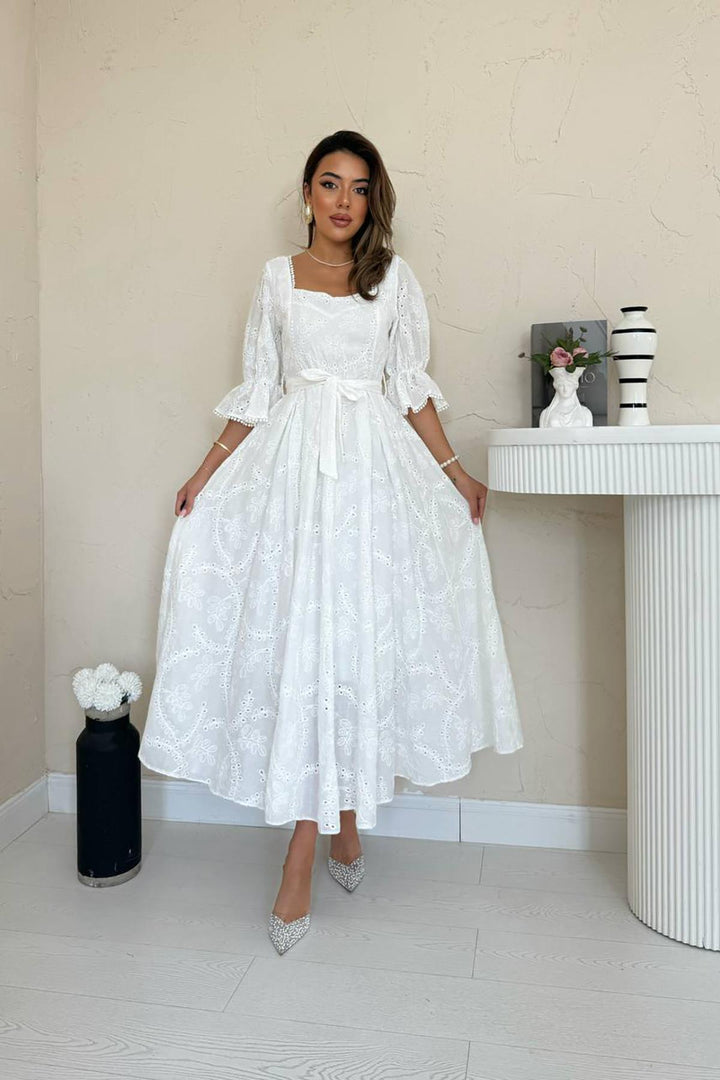 ELS Wholesale White Collar Elasticated Embroidered Dress - Roanoke