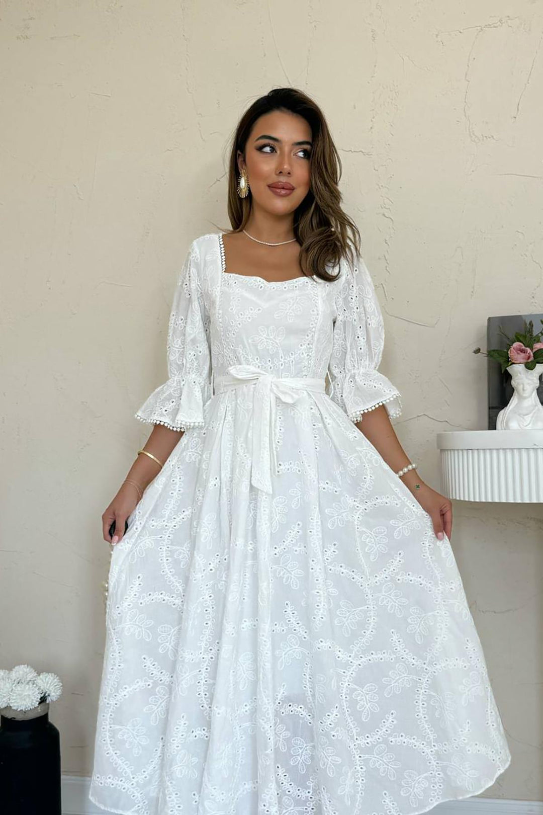 ELS Wholesale White Collar Elasticated Embroidered Dress - Roanoke