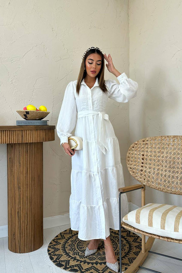 ELS Wholesale White Belted Striped Pattern Dress - El Mirage