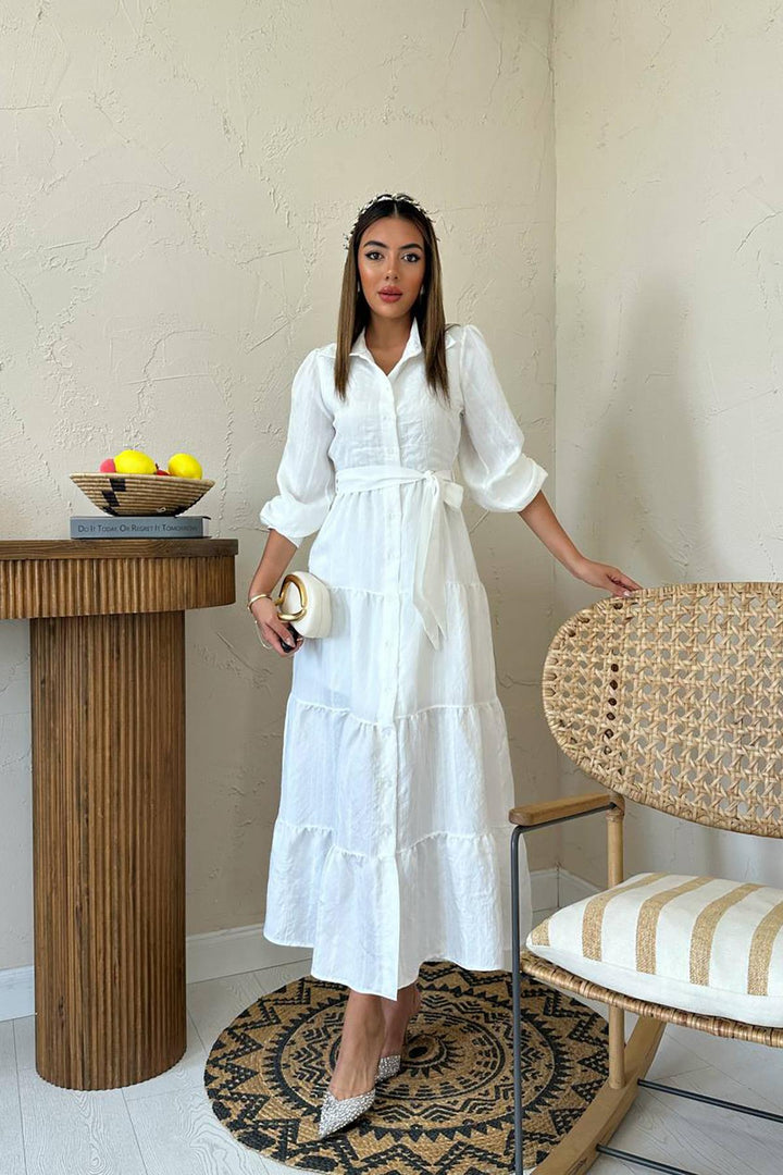 ELS Wholesale White Belted Striped Pattern Dress - El Mirage