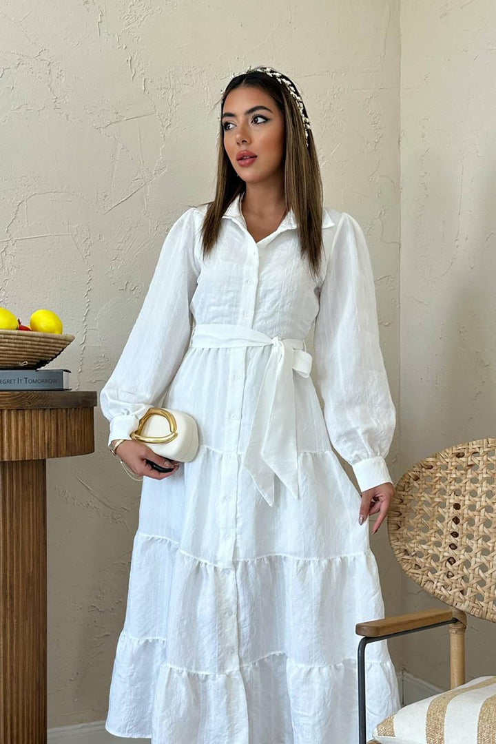 ELS Wholesale White Belted Striped Pattern Dress - El Mirage