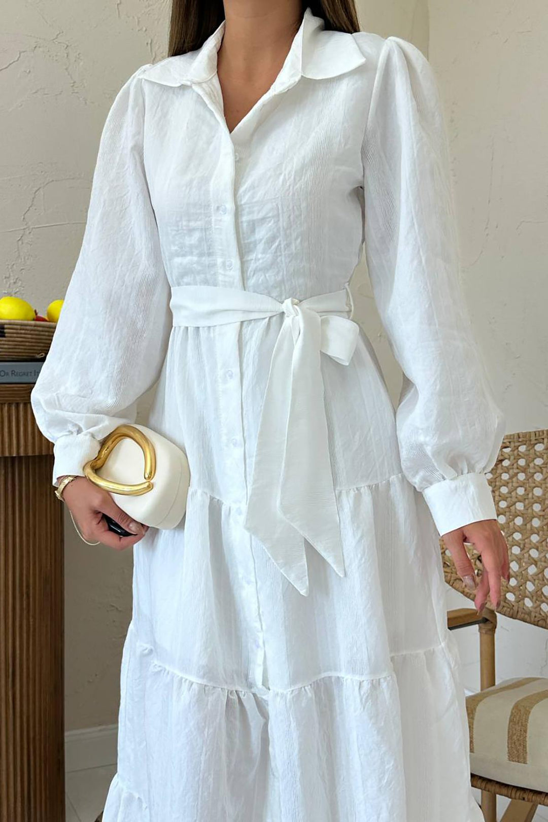 ELS Wholesale White Belted Striped Pattern Dress - El Mirage