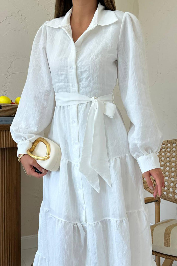 ELS Wholesale White Belted Striped Pattern Dress - El Mirage