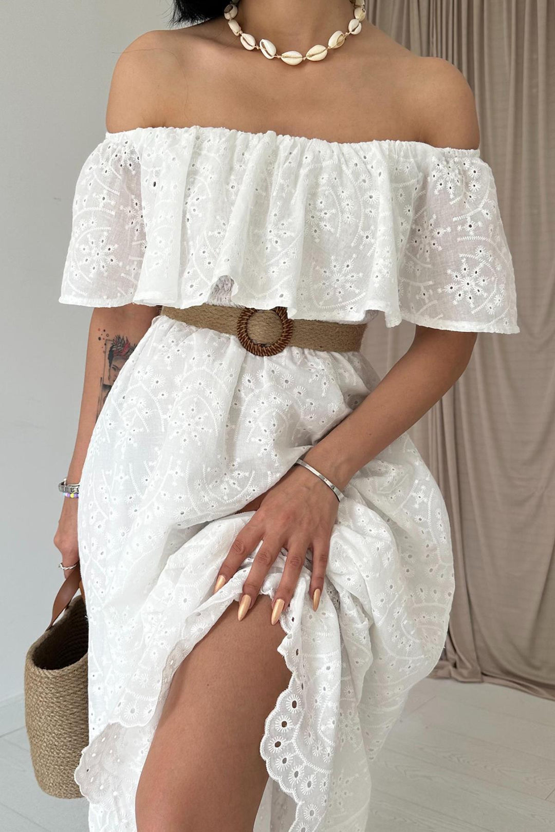 ELS Wholesale White Off-Shoulder Elasticated Embroidered Dress - Dubbo