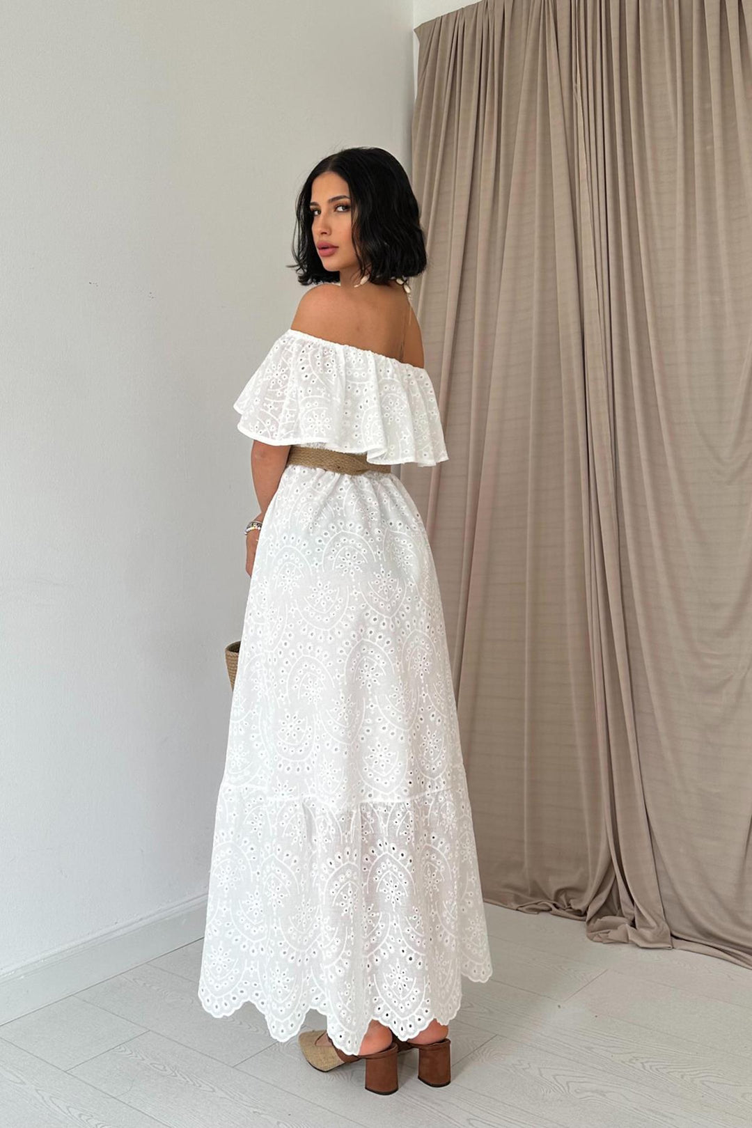 ELS Wholesale White Off-Shoulder Elasticated Embroidered Dress - Dubbo