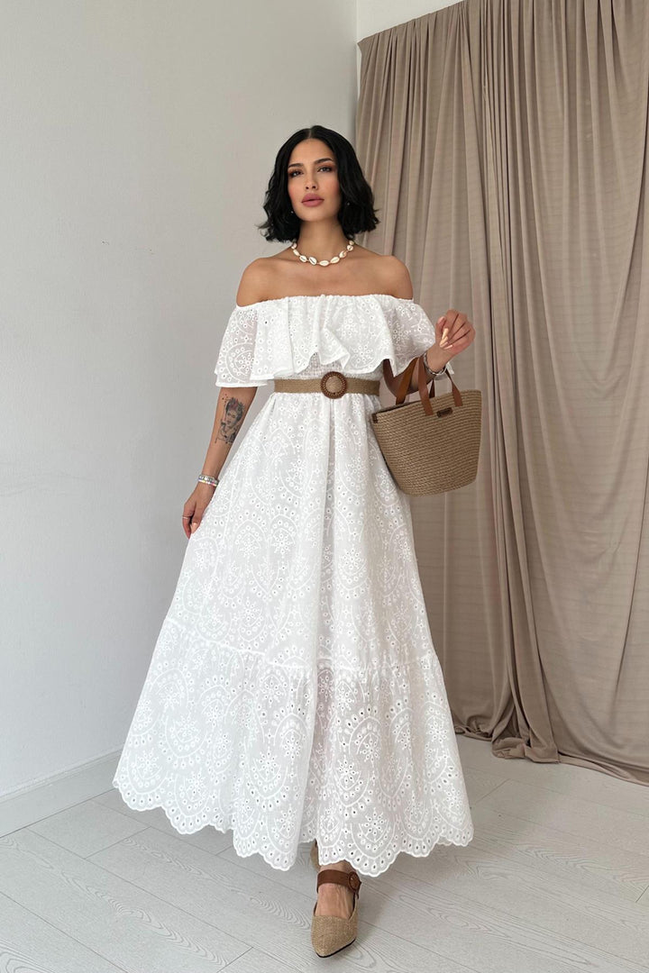 ELS Wholesale White Off-Shoulder Elasticated Embroidered Dress - Dubbo