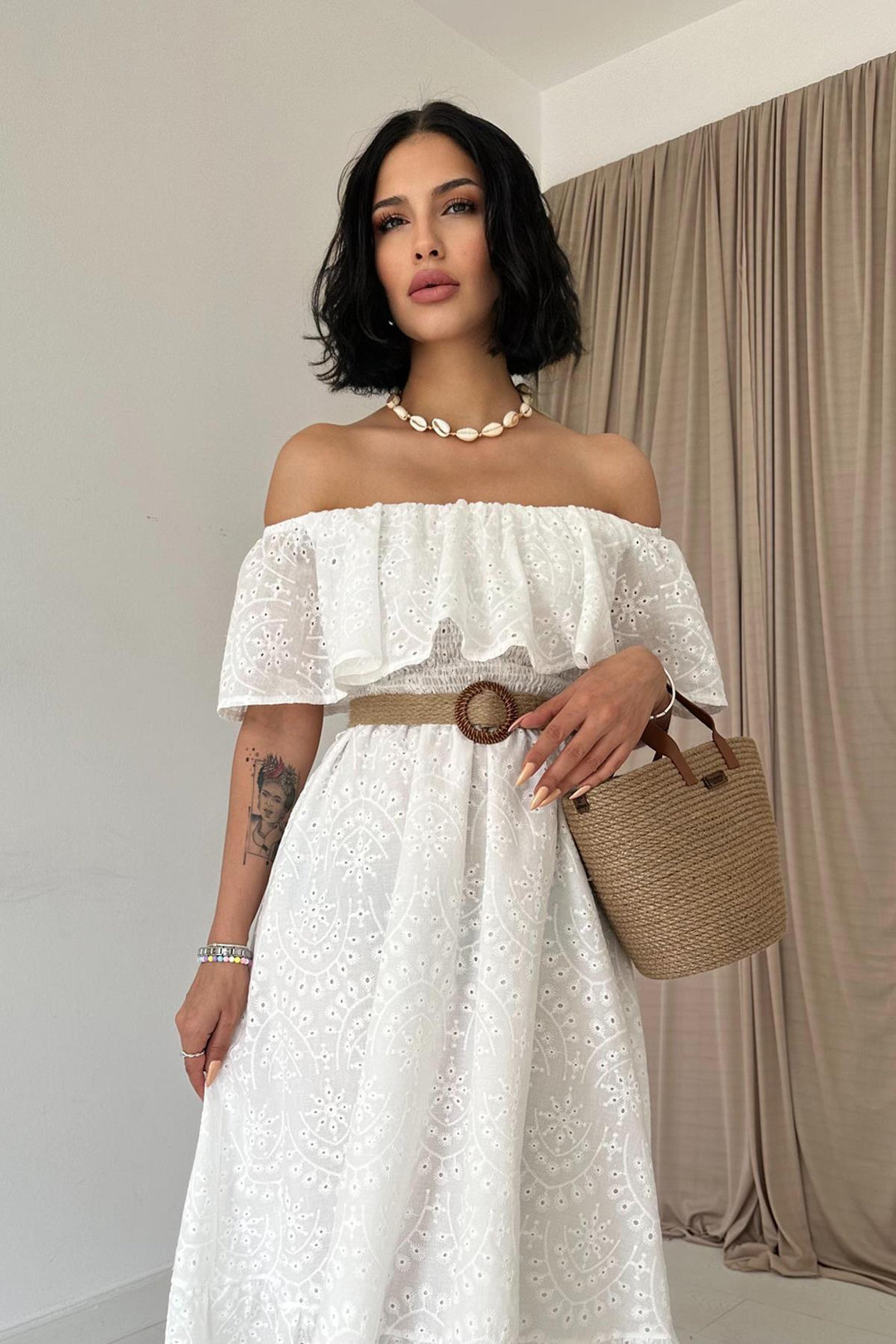 ELS Wholesale White Off-Shoulder Elasticated Embroidered Dress - Dubbo