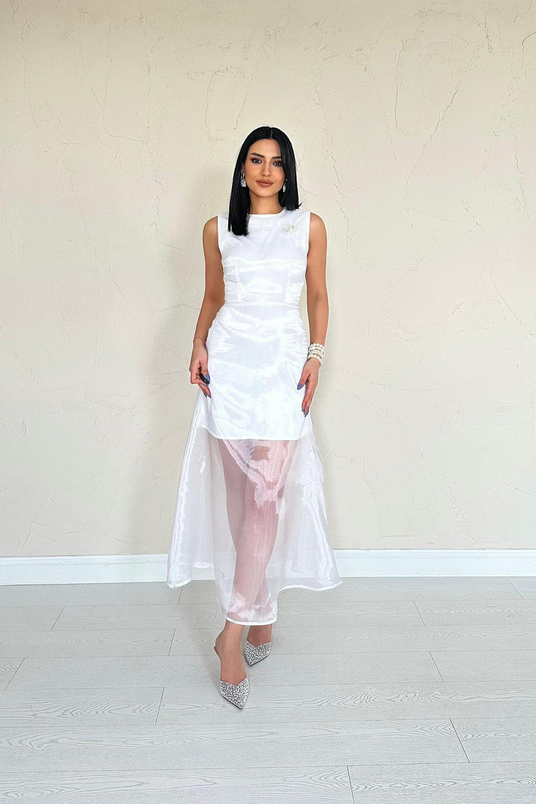 ELS Wholesale White Organza Detailed Satin Dress - Angra do Heroísmo