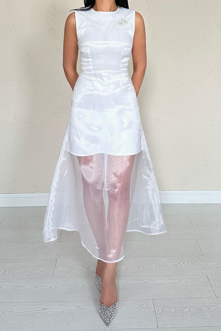 ELS Wholesale White Organza Detailed Satin Dress - Angra do Heroísmo
