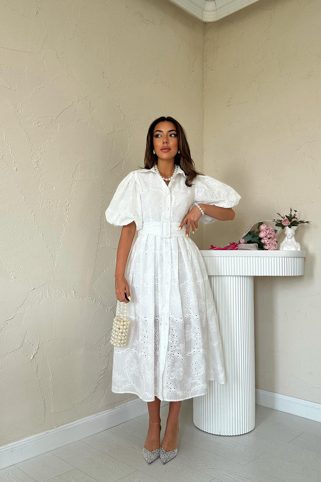 ELS Wholesale White Ruffled Balloon Sleeve Dress - Colton