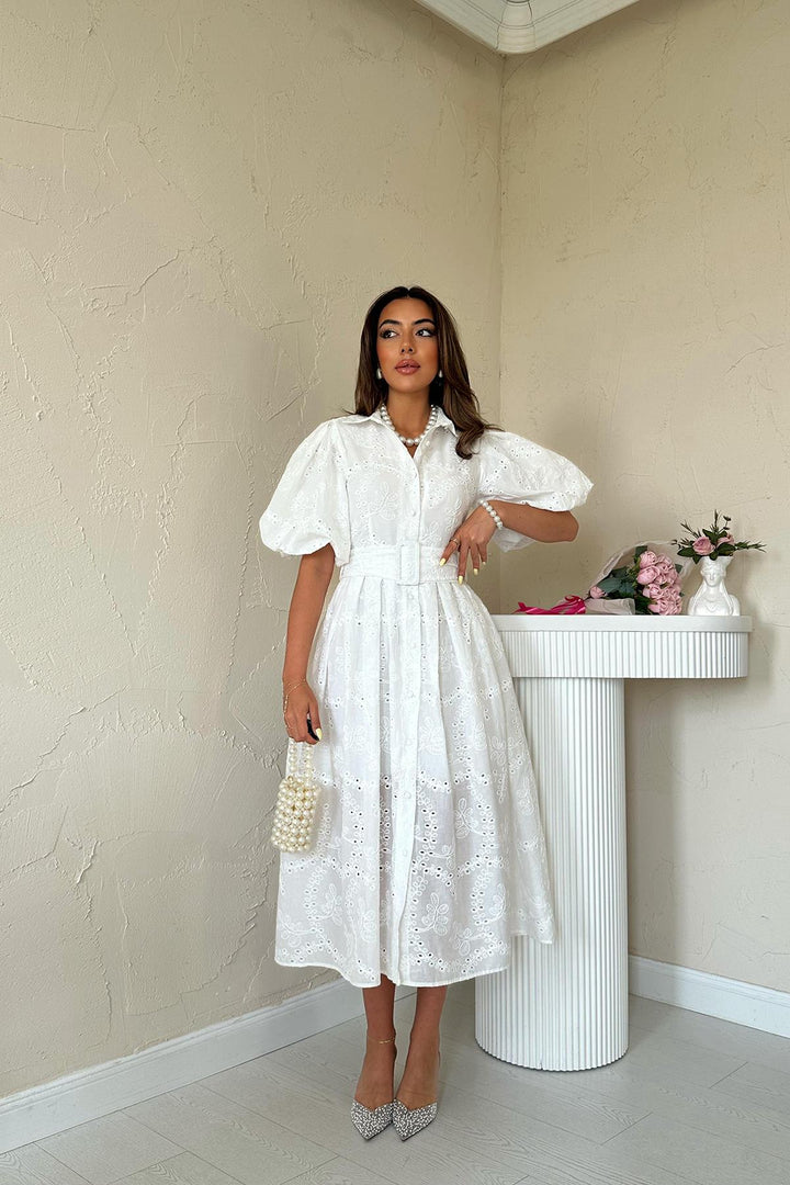 ELS Wholesale White Ruffled Balloon Sleeve Dress - Colton
