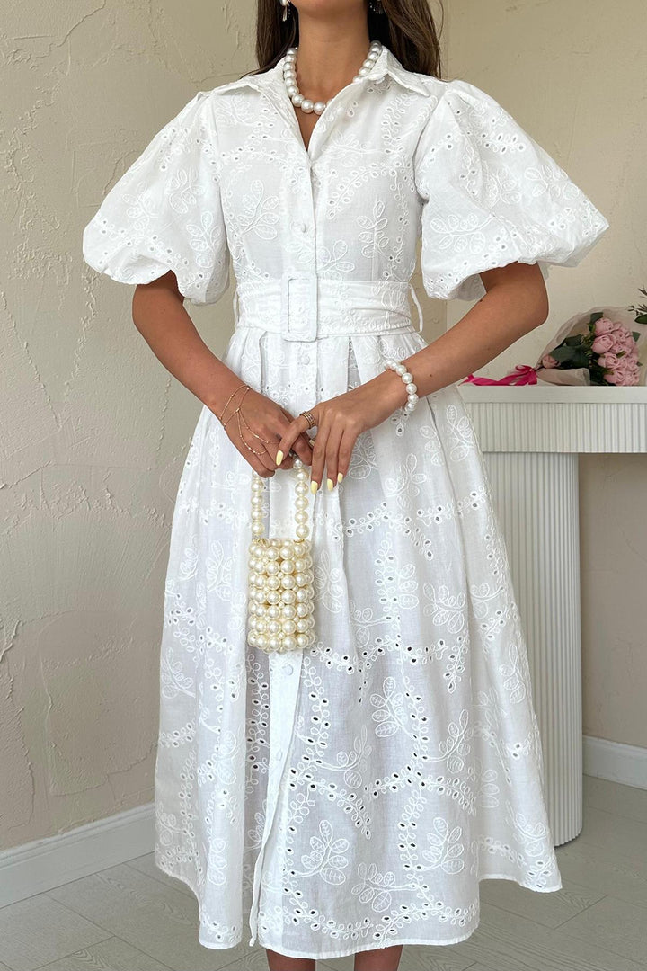 ELS Wholesale White Ruffled Balloon Sleeve Dress - Colton