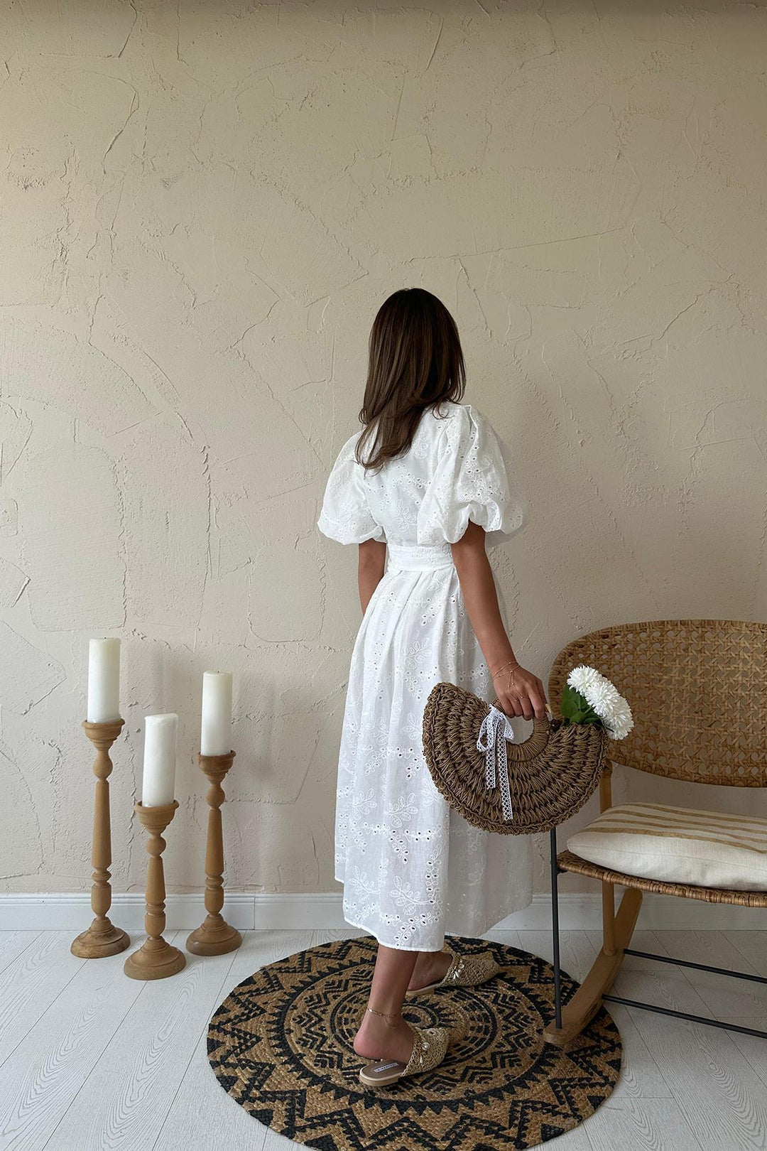 ELS Wholesale White Ruffled Balloon Sleeve Dress - Colton