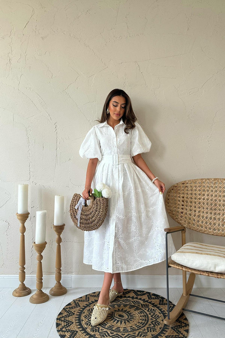 ELS Wholesale White Ruffled Balloon Sleeve Dress - Colton
