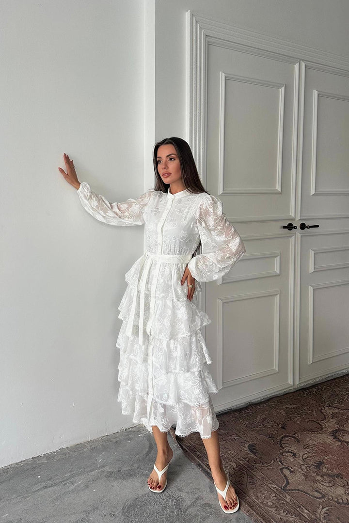 ELS Wholesale White Valonlu Striped Layered Dress - Caerdydd