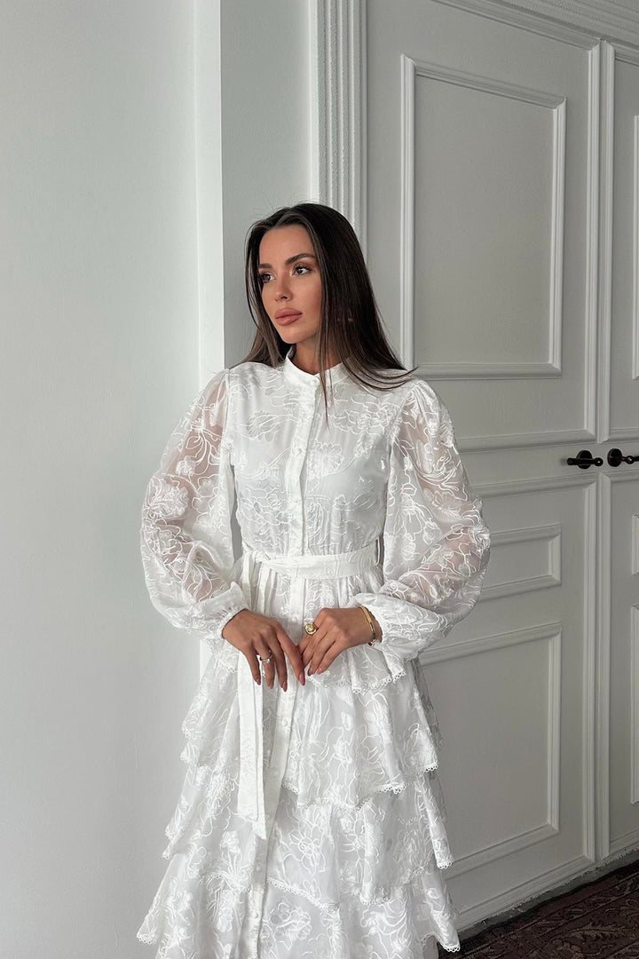 ELS Wholesale White Valonlu Striped Layered Dress - Caerdydd