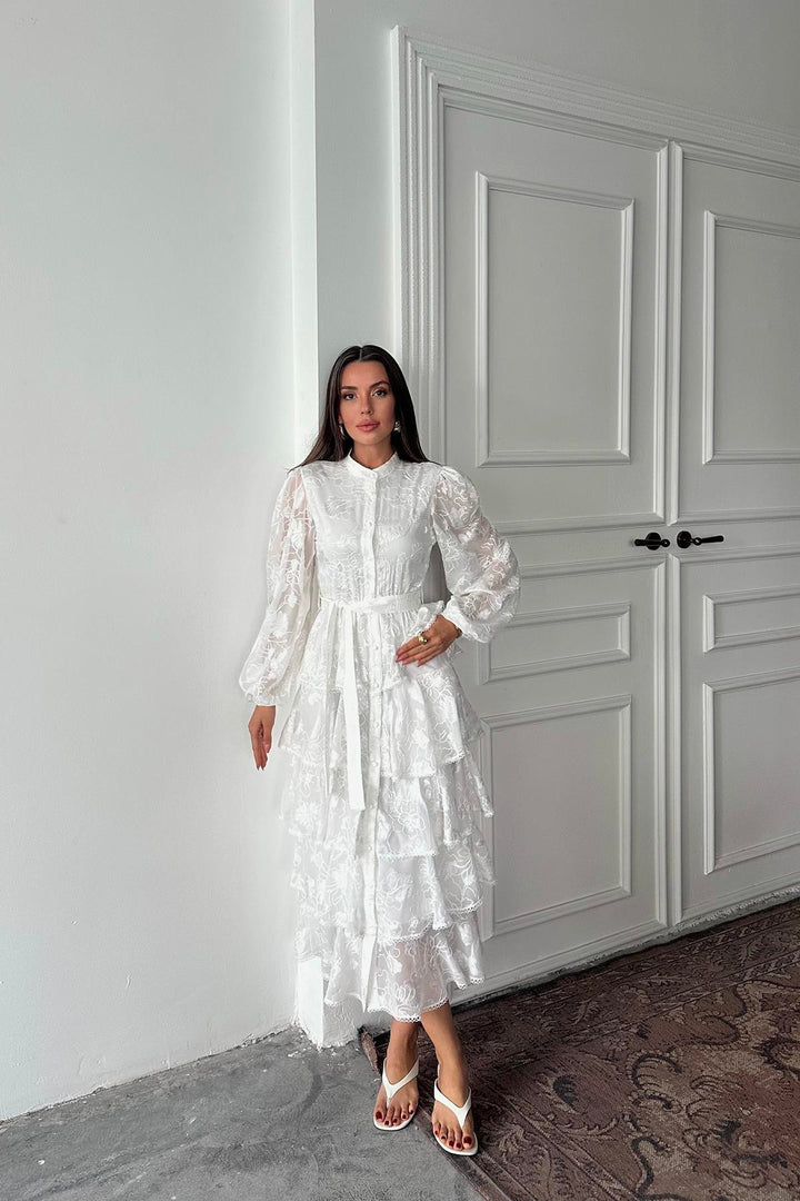 ELS Wholesale White Valonlu Striped Layered Dress - Caerdydd